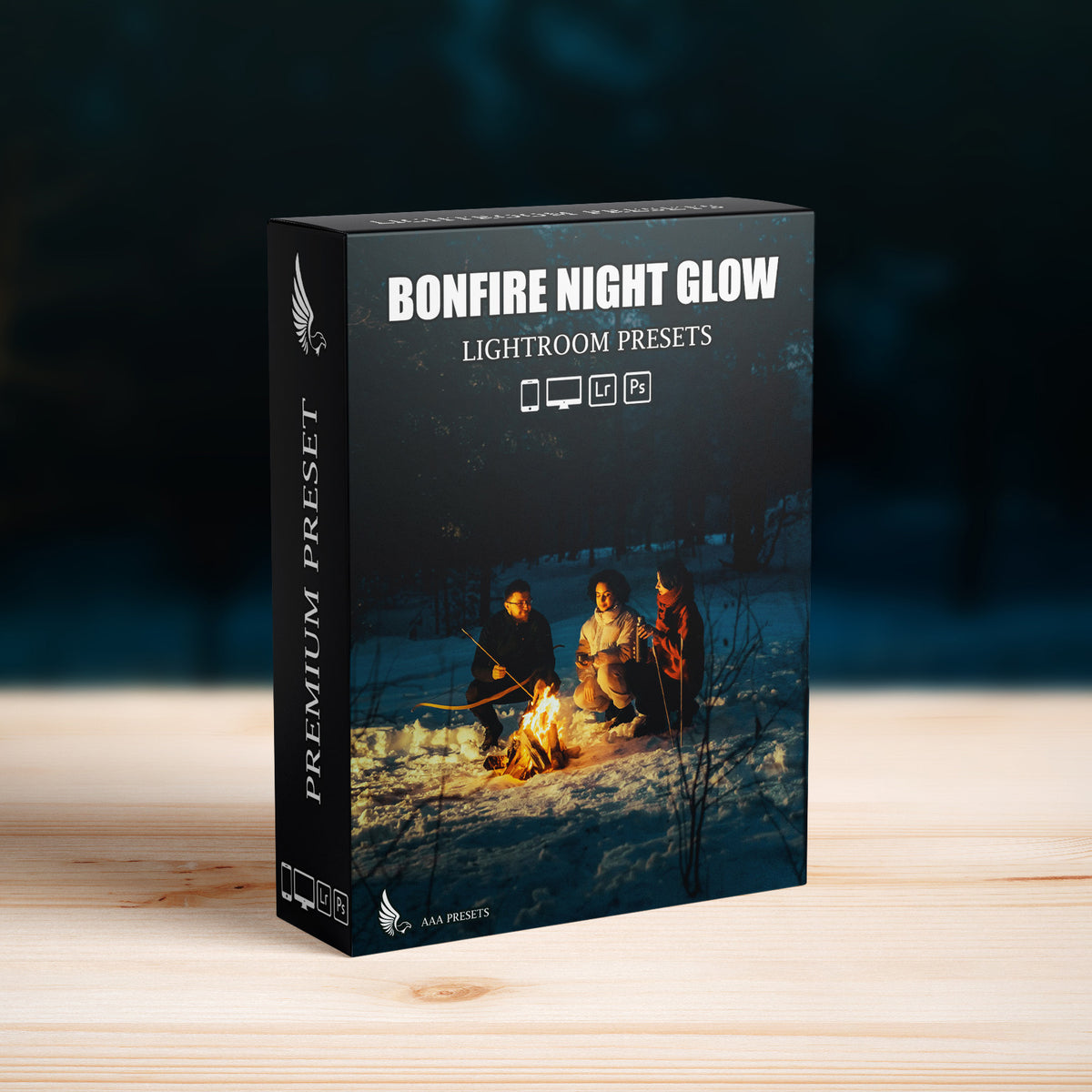 Bonfire Night Glow Lightroom Presets software box cover for desktop and mobile photo editing
