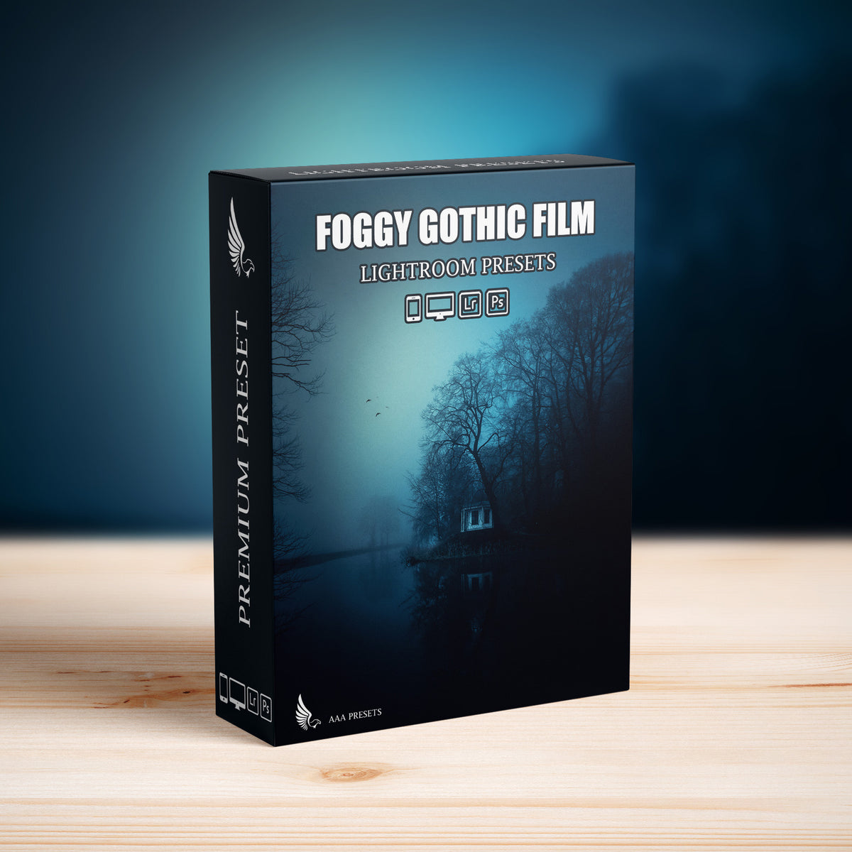 Foggy Gothic Film Lightroom Presets software box cover for desktop and mobile photo editing