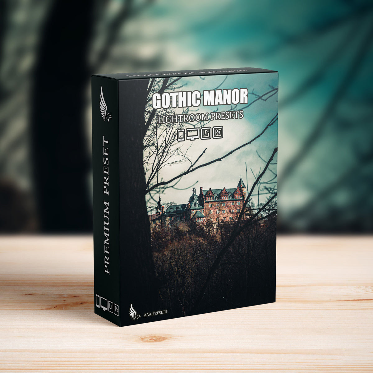 Gothic Manor Lightroom Presets software box cover for desktop and mobile photo editing