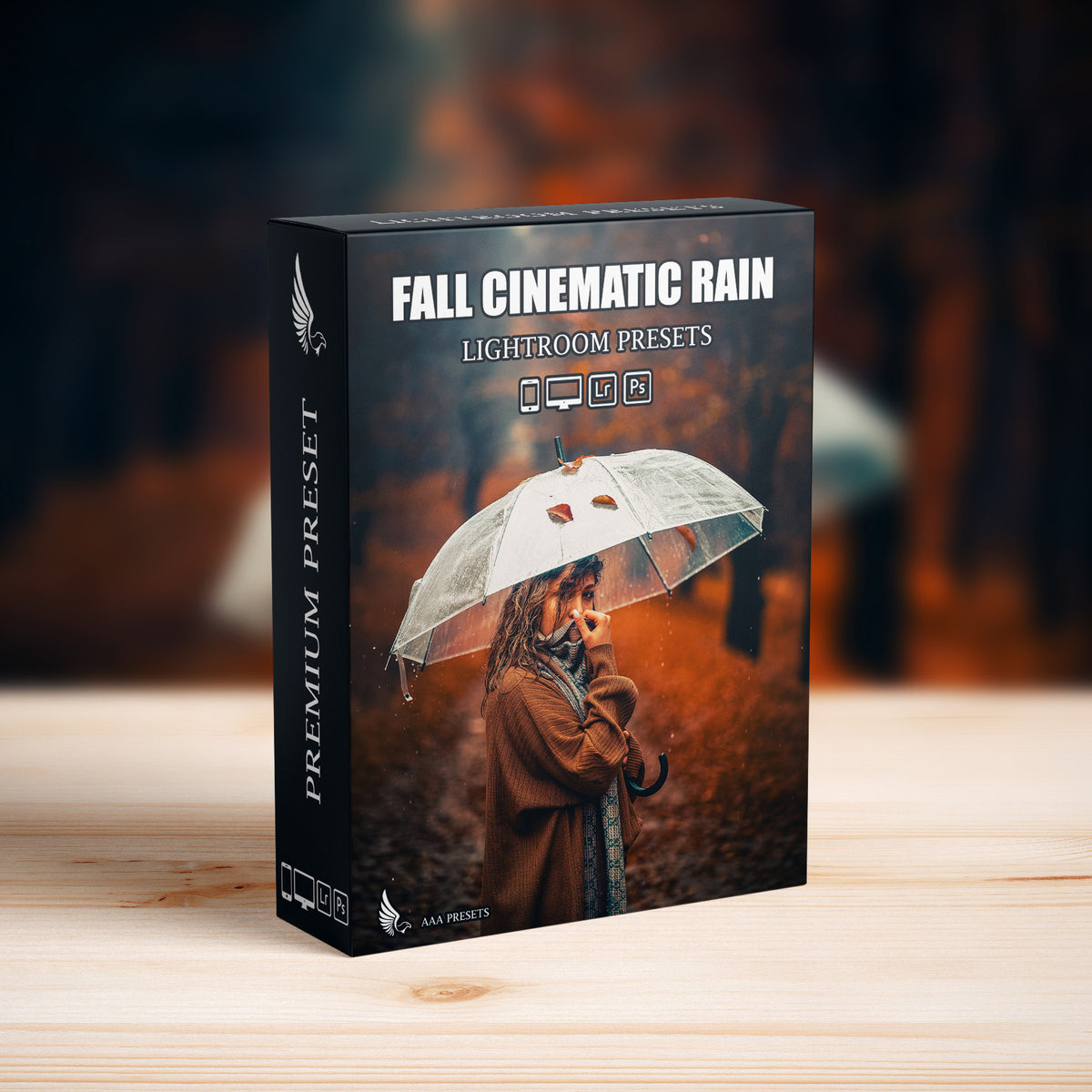 Fall Cinematic Rain Film Lightroom Presets software box cover for desktop and mobile photo editing