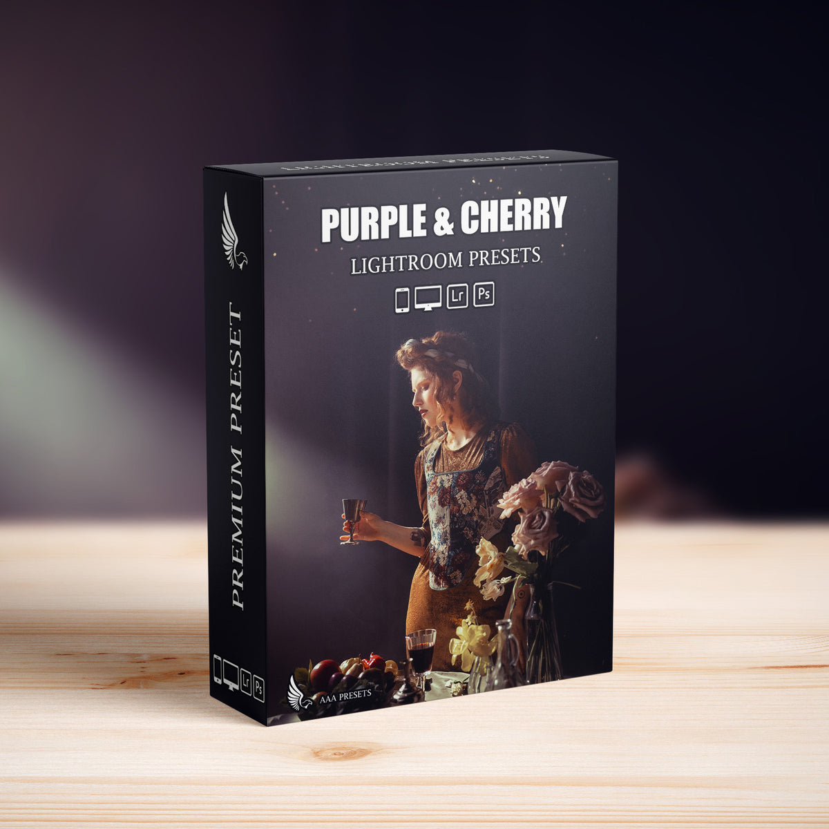 Royal Purple & Cherry Red Lightroom Presets software box cover for desktop and mobile photo editing